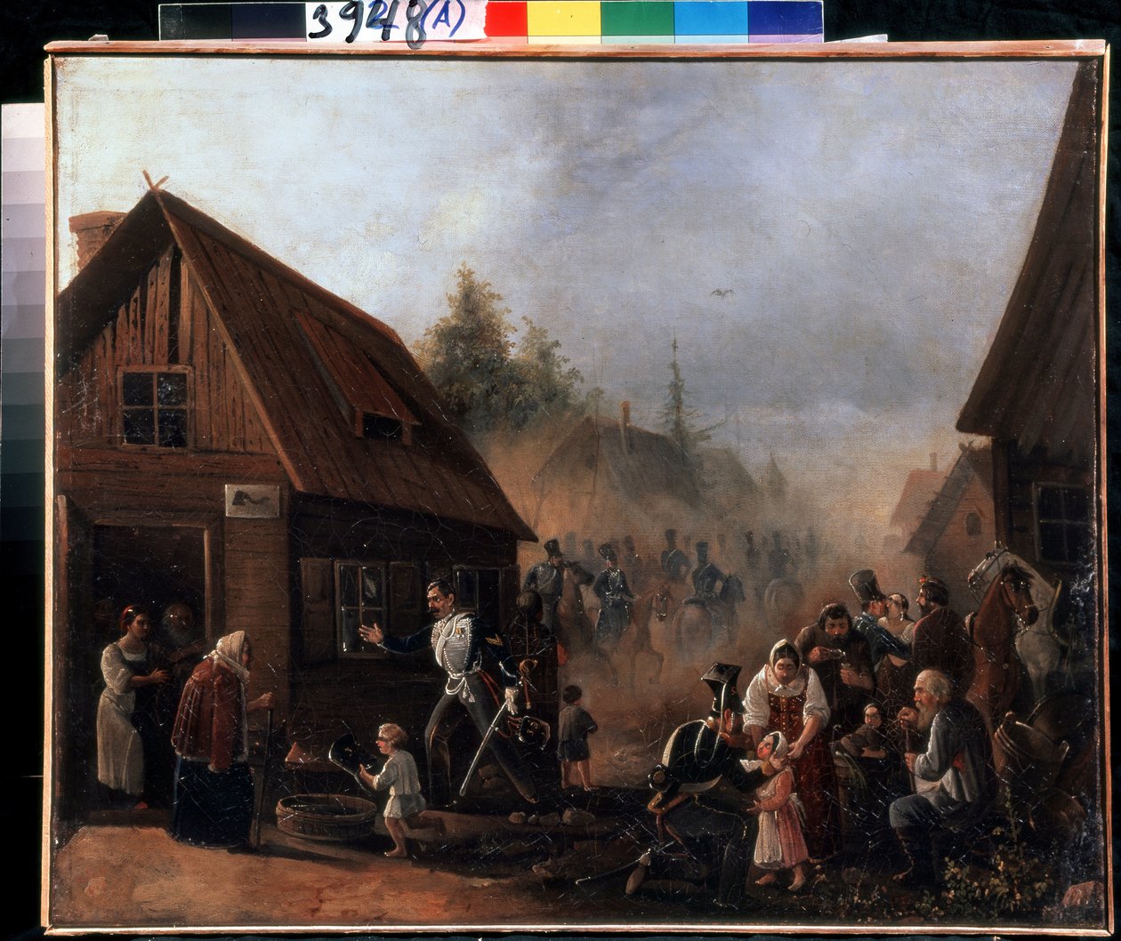 Scéna ruské francouzské války v roce 1812 (Scene of the Russian French War in 1812). Obraz Petra Iljiče Baykova (1817-?). Olej na plátně, 45,3 x 55,5 cm od Pyotr Baykov
