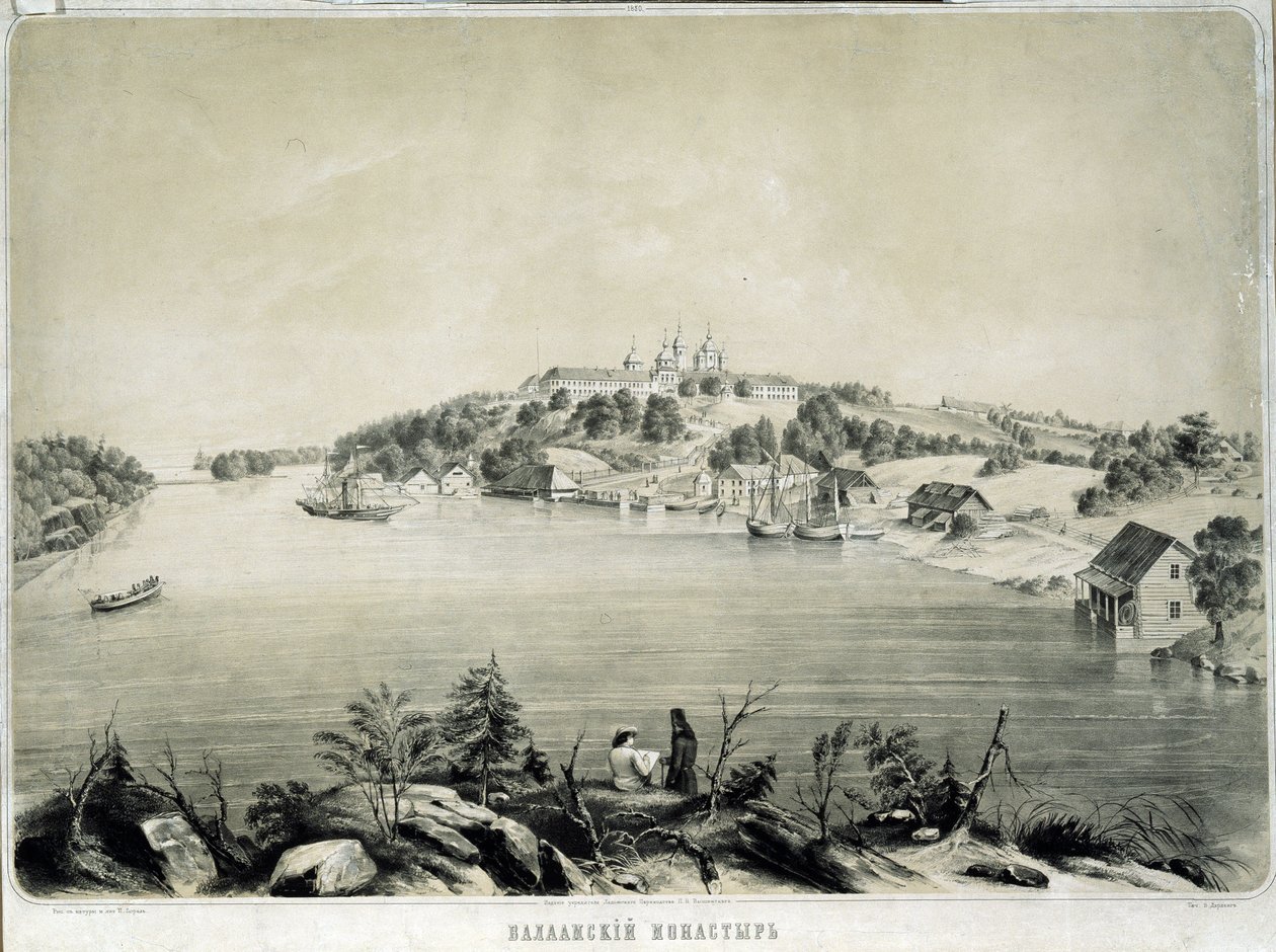 Klášter Valaam (nebo Valamo) na ostrově Valaam v jezeře Lagoda (Rusko) (Klášter Valaam na ostrově Valaam v jezeře Lagoda). Kresba Petra Fjodoroviče Borela (1829-1898). Litografie, 53,3 x 70,5 cm od Pyotr Fyodorovich Borel