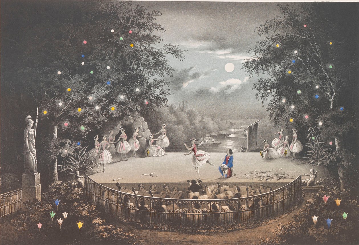 Balet Naiad a Rybář od C. Pugniho v Růžovém pavilonu, v parku Peterhof, 1851. od Pyotr Fyodorovich Borel
