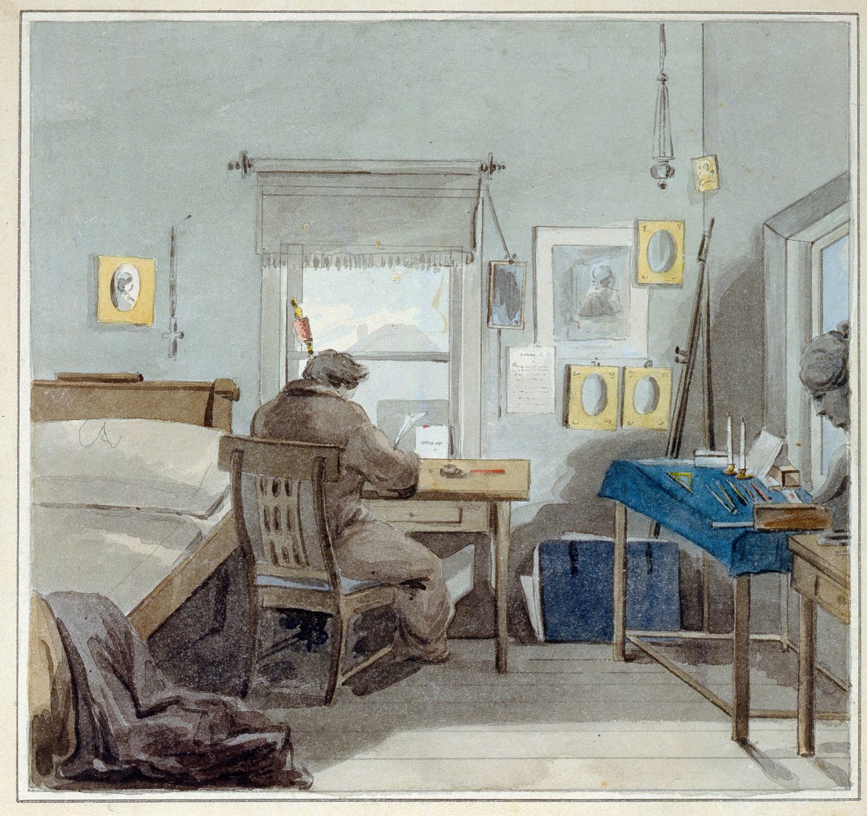 V práci. V domě Pavla Nashchokina (1801-?) (Moskva). (V práci. V domě Pavla Nashchokina). Dílo Petra (Piotra) Fjodoroviče Sokolova (Pierre Sokolov) (1791-1848), akvarel na papíře od Pyotr Fyodorovich Sokolov