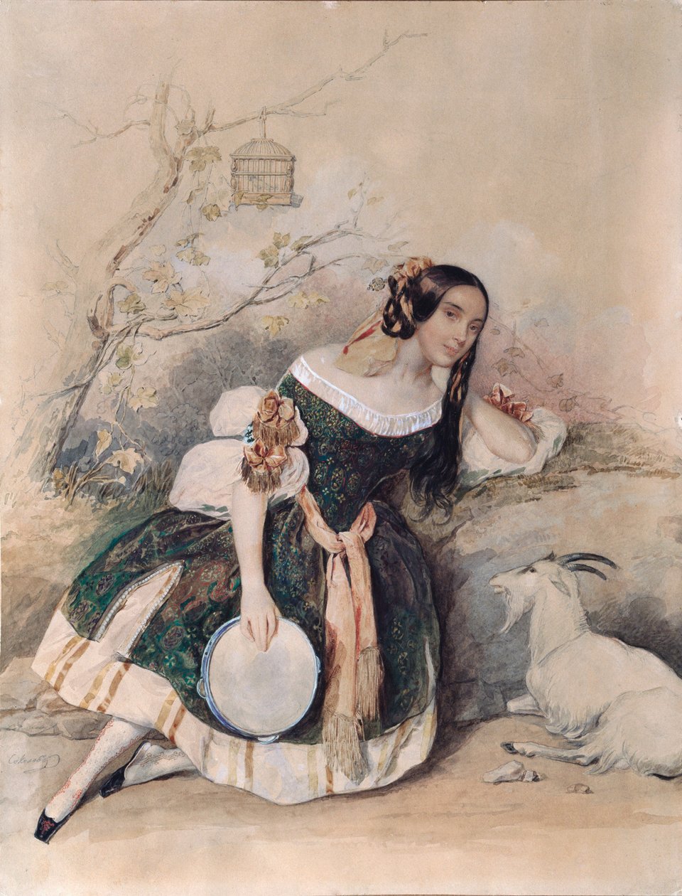 Smaragd. (Balerína pro balet Mariuse Petipy (1818-1910) upravená z "Notre Dame de Paris"", od Victora Huga (1802-1885) Dílo Pyotra (Piotra) Fjodoroviče Sokolova (Pierre Sokolov) (1791-1848), akvarel, kvaš, bílá a zlatá na papíře Art r od Pyotr Fyodorovich Sokolov