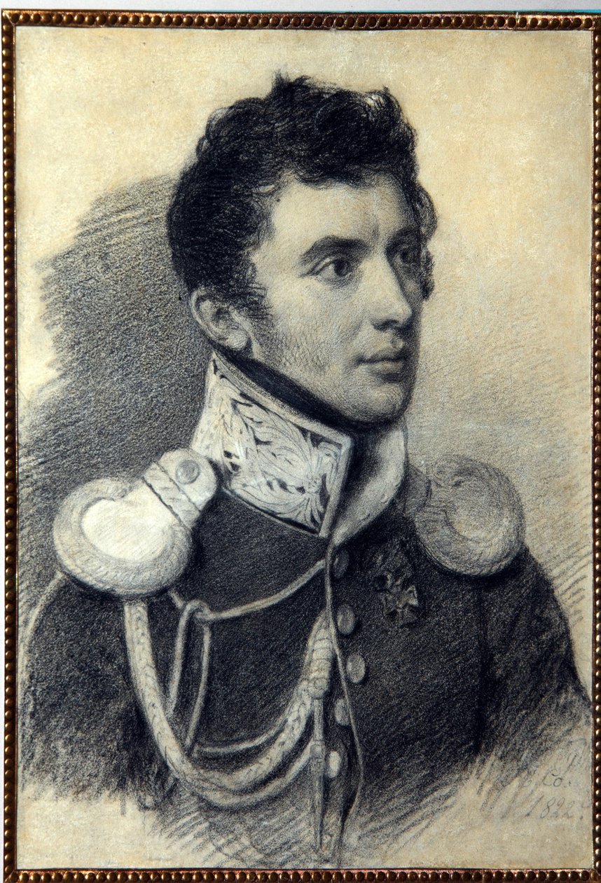 Portrét děkabristy (nebo dekabristy) Nikity Muravyova (1797-1843). (Portrét děkabristy N. Muravyova). Dílo Pyotra (Piotr) Fjodoroviče Sokolova (Pierre Sokolov) (1791-1848), tužka a pastel na kartonu, 1822. Ruské umění, 19. století, romantismus. A.P od Pyotr Fyodorovich Sokolov