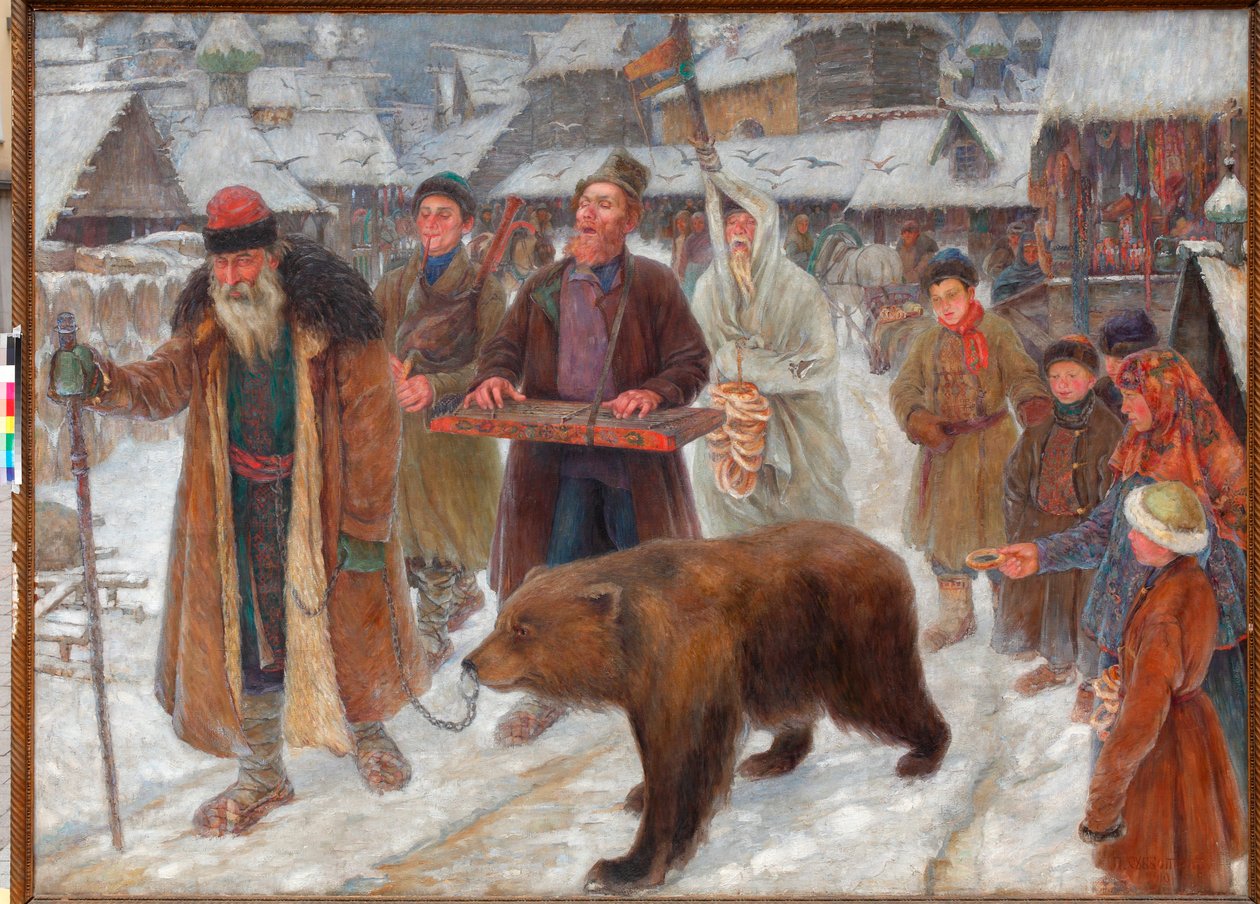 ""Píseň skomorochů" (Píseň skomorochů) Potulní umělci, krotitelé medvědů v Rusku Obraz Petra Ivanoviče Subbotina (Permyak) (1886-1923) od Pyotr Ivanovich Subbotin
