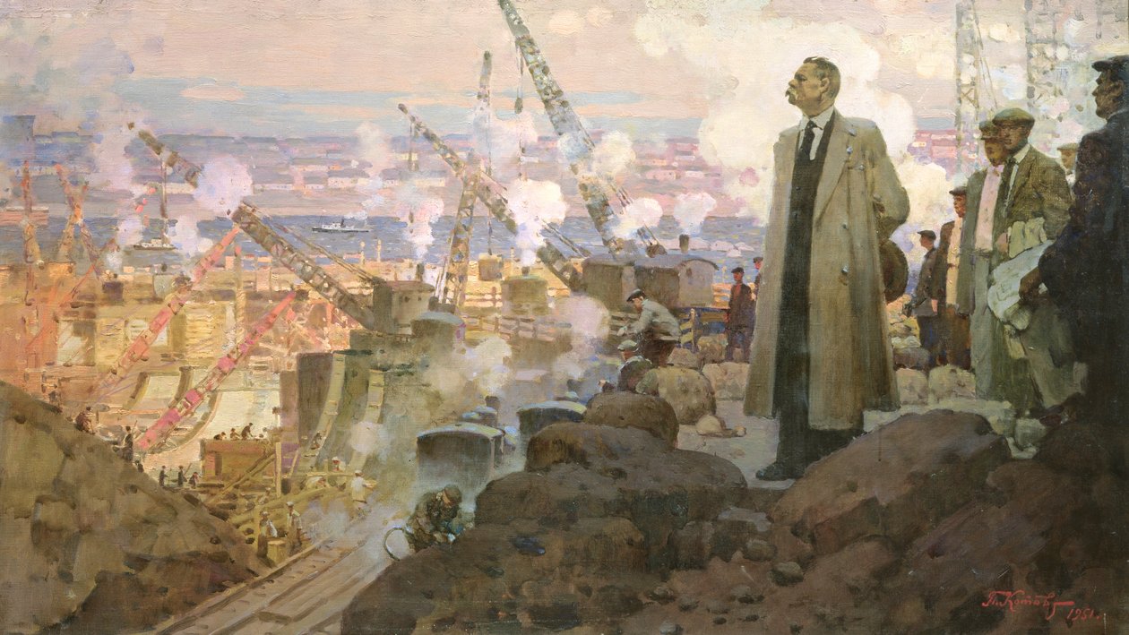 Maxim Gorkij (1868-1936) na stavbě vodní elektrárny "DněproGES od Pyotr Ivanovich Kotov