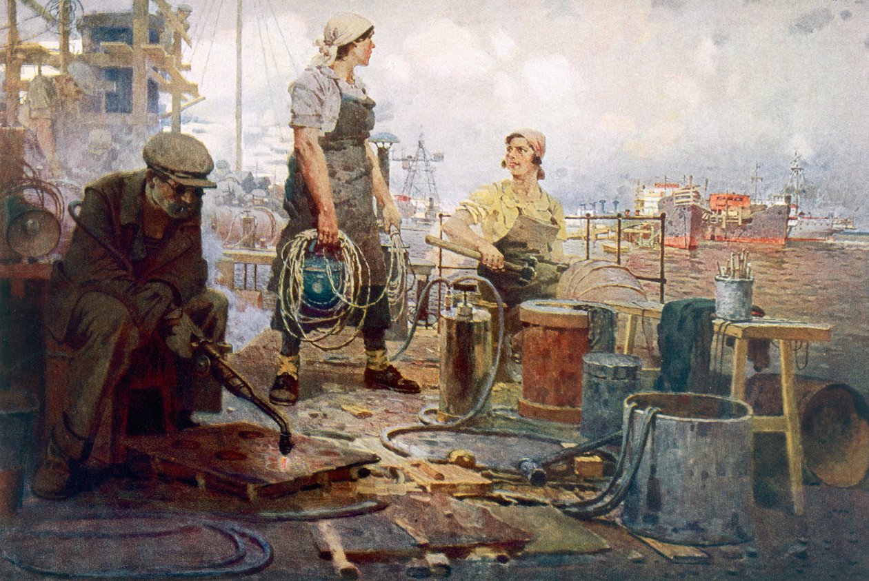 Červená loděnice Sormovo, cca 1920 (barevná litografie) od Pyotr Ivanovich Kotov