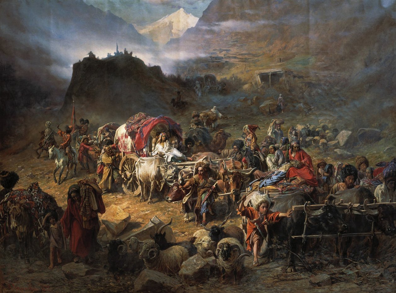 Horolezci opouštějí aul před příchodem ruské armády, 1872 od Pyotr Nikolayevich Grusinsky