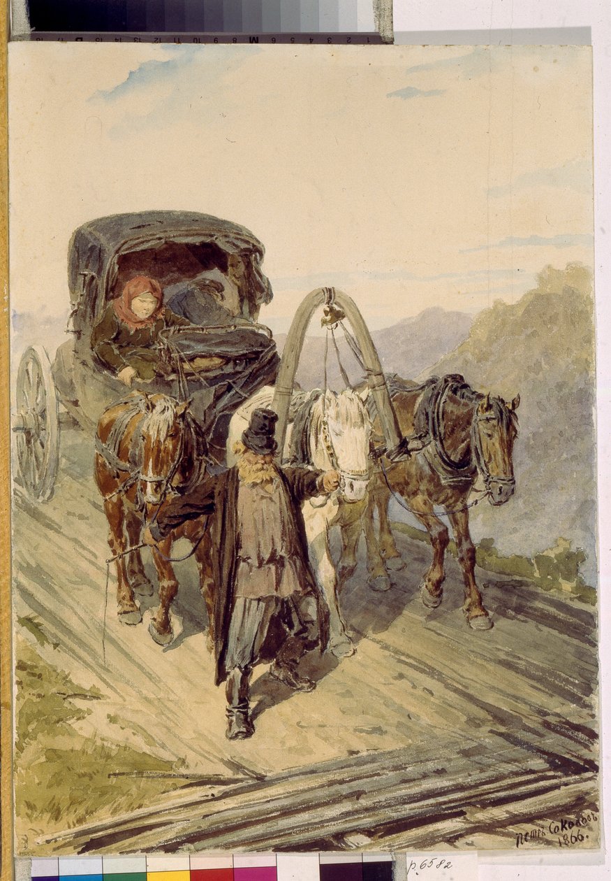 Trojka (ruský kočár tažený třemi koňmi). Dílo Pyotr (Piotr) Petrovič Sokolov (1821-1899), akvarel na papíře od Pyotr Petrovich Sokolov