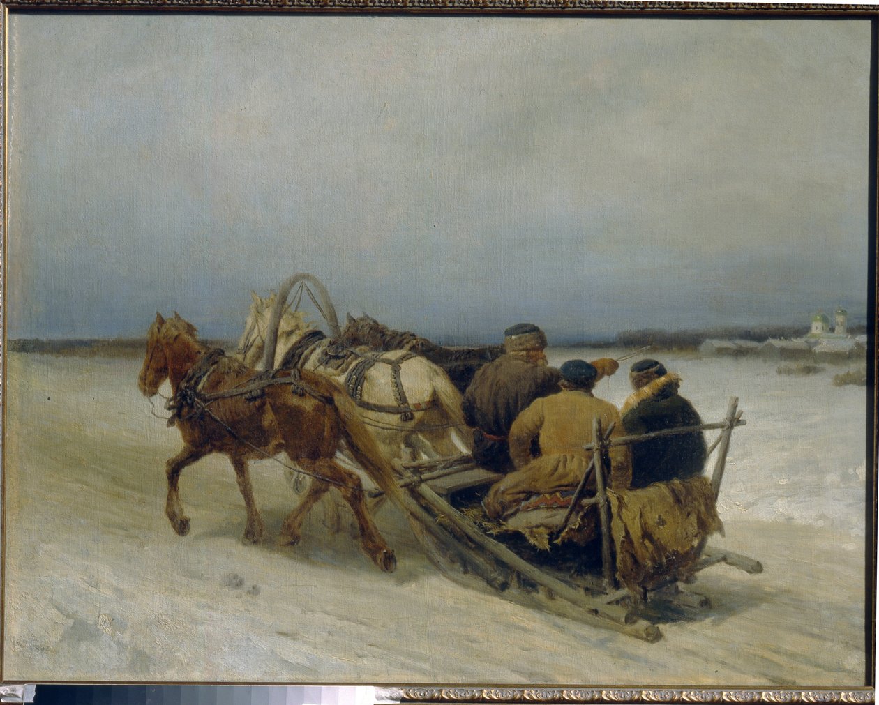 Trojka v zimě. (Tradiční ruský závěs, tažený třemi koňmi). Obraz Pyotr (Piotr) Petrovič Sokolov (1821-1899), olej na plátně od Pyotr Petrovich Sokolov