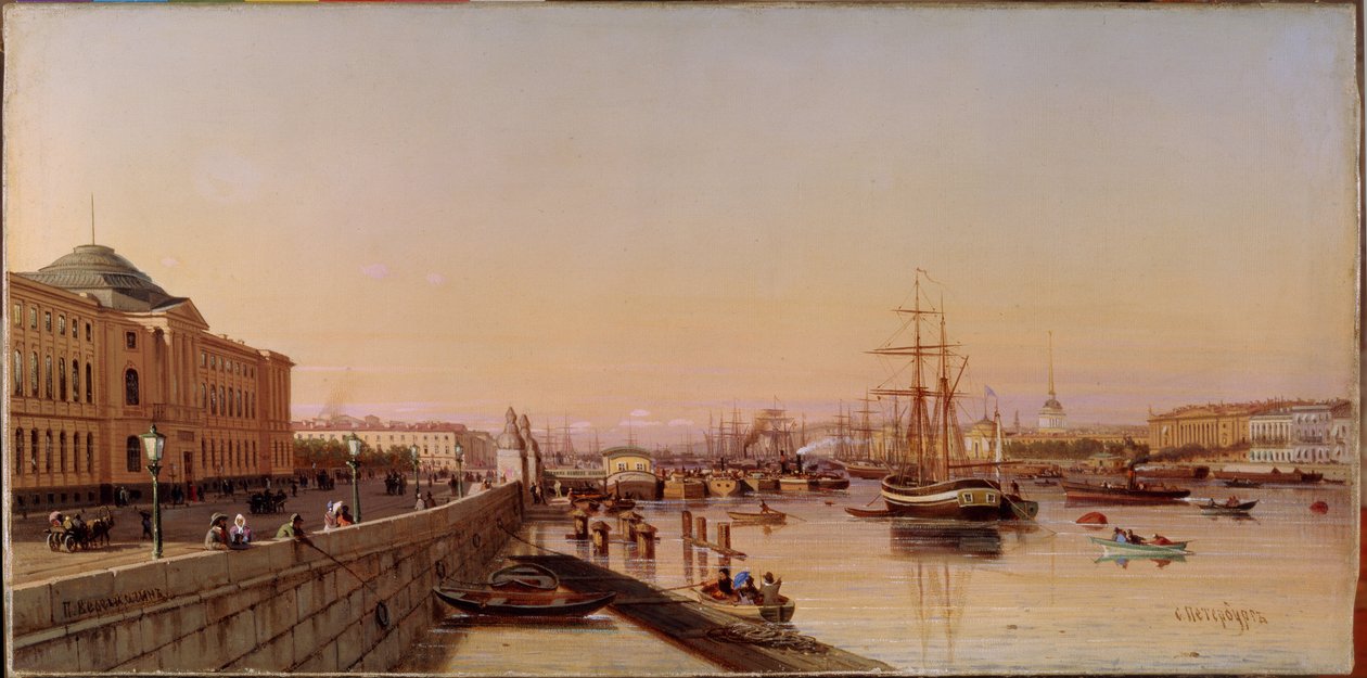 Letní večer na nábřeží Něvy, poblíž Akademie umění v Petrohradu. Obraz Petra Petroviče Vereschagina (Vereščagin, Vereščagin) (1836-1886), olej na plátně, cca 1870. Ruské umění od Pjotr ​​​​Petrowitsch Wereschtschagin