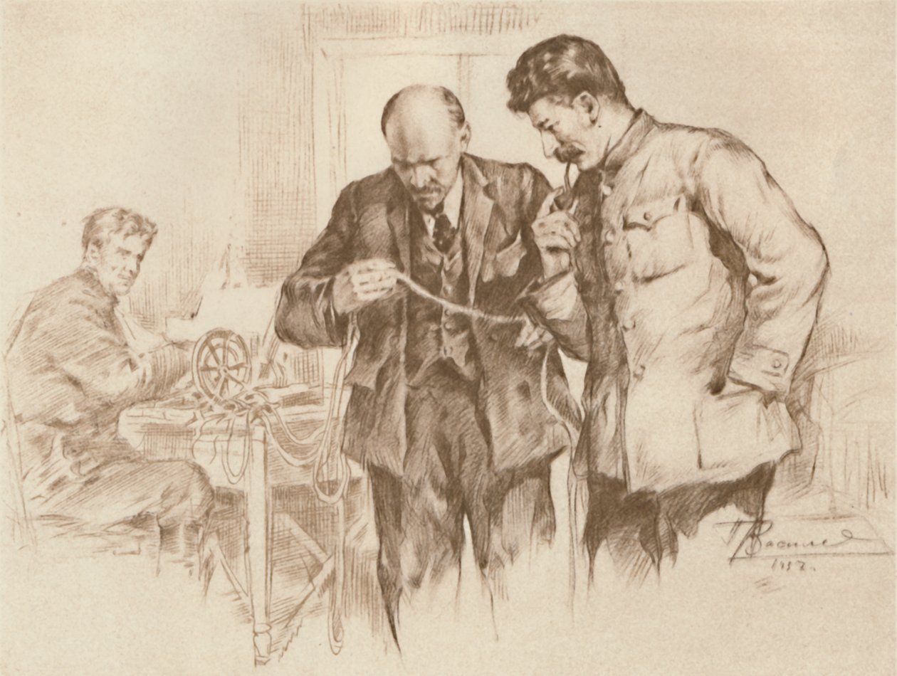 Lenin a Stalin u přímého drátu, 1918, 1939. od Pyotr Vasilyev