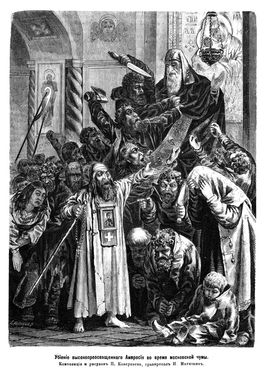 Vražda arcibiskupa Ambrosia během moskevských morových nepokojů v roce 1771, 1872 od Pyotr Yefimovich Koverznev