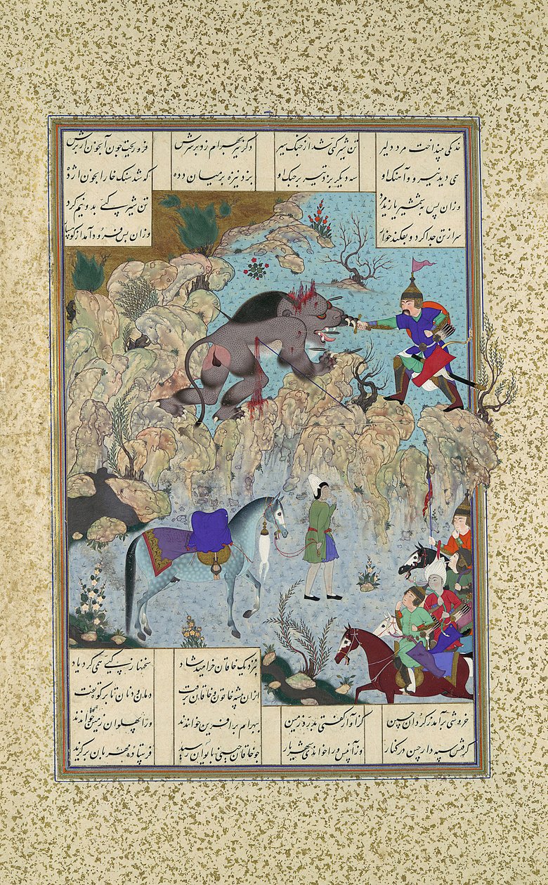 Bahram Chubina zabíjí lva-opice, Folio 715v z Shahnama Book of Kings..., c1530-35 od Qasim ibn 