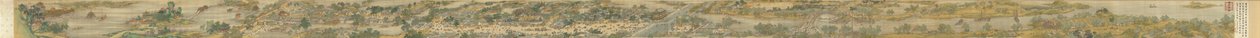 Podél řeky během festivalu Qingming, Qing Court Version, ruční svitek, 1736 (inkoust a barva na hedvábí) od Qing Dynasty Chinese School