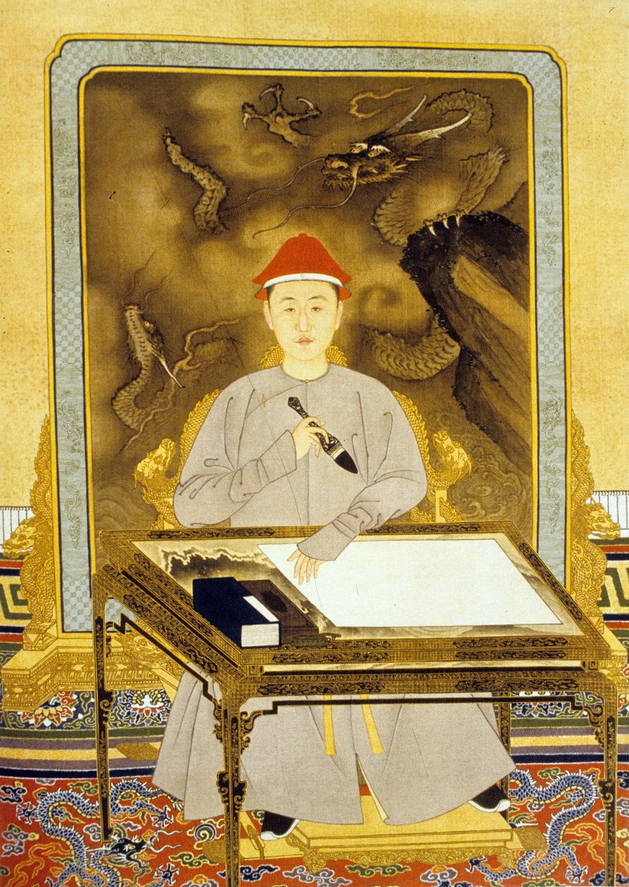 Heng Tsu nebo Kangxi, čínský císař u svého psacího stolu od Qing Dynasty   Kangxi Period Chinese School