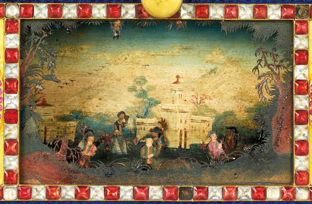 Císařské čínské úderné, hudební a automatické hodiny „Jardiniere“, dílny Guangzhou, období Qianlong (1736–1795), konec 18. století (sada ormolu, smalt a pasta) od Qing Dynasty   Qianlong Period Chinese School