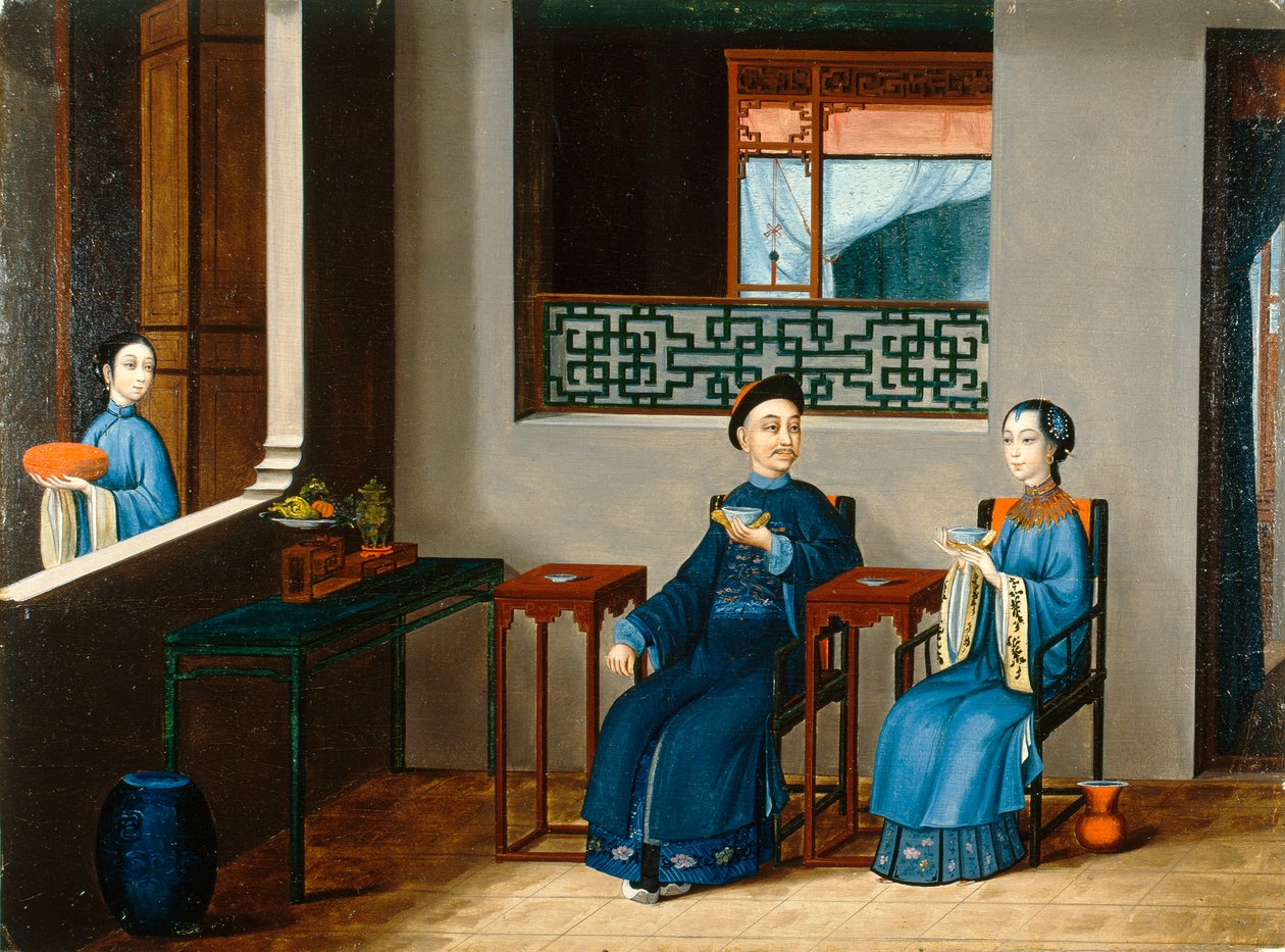 Pár pijící čaj, kolem roku 1800 (olej na plátně) od Qing Dynasty Chinese School