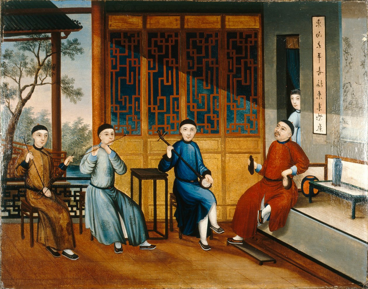 Trojice hudebníků, kolem roku 1800 (olej na plátně) od Qing Dynasty Chinese School
