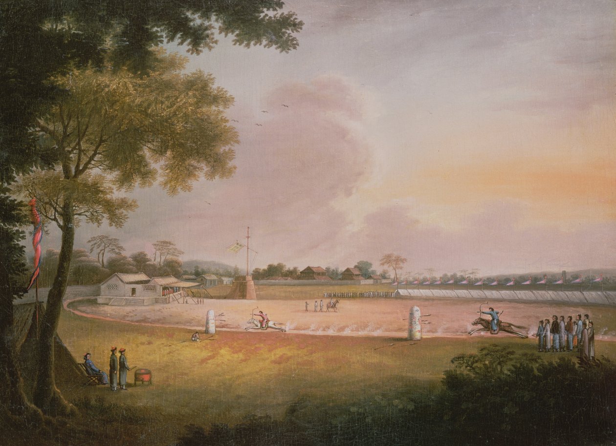 Turnaj v jezdecké lukostřelbě ve vojenském táboře, c.1850 od Qing Dynasty Chinese School