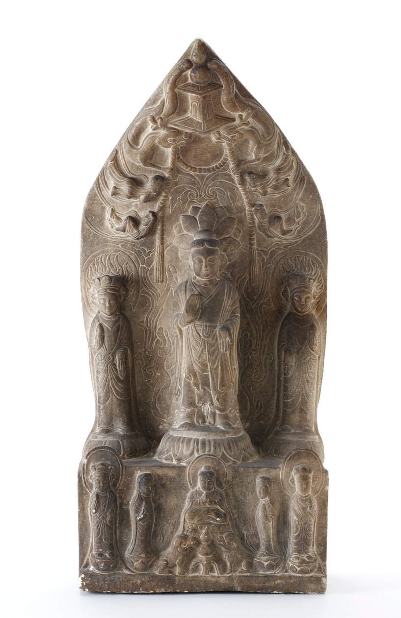 Buddhistická trojice v reliéfu na lotosových podstavcích před špičatým pozadím od Qing Dynasty Chinese School