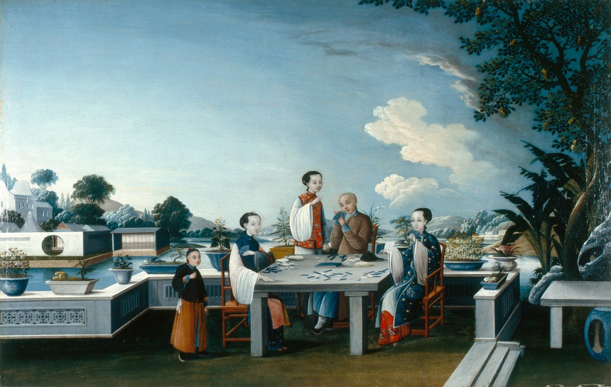 Hráči karet na otevřené terase, kolem roku 1800 (olej na plátně) od Qing Dynasty Chinese School