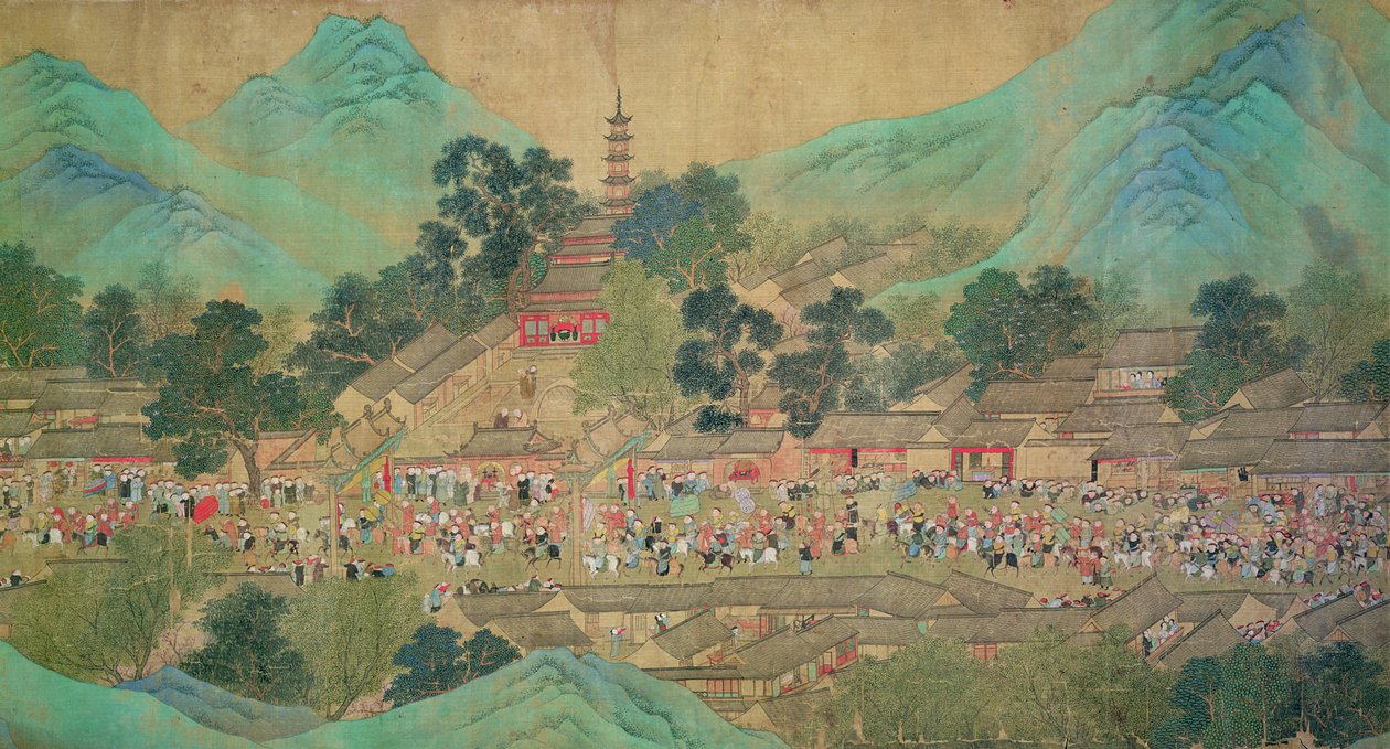 Cesta císaře Kang Shi do Kiang-Hanu v roce 1699 po Chaio Ping Chen (1661-1722) (inkoust a barva na hedvábném podloženém papíru) od Qing Dynasty Chinese School