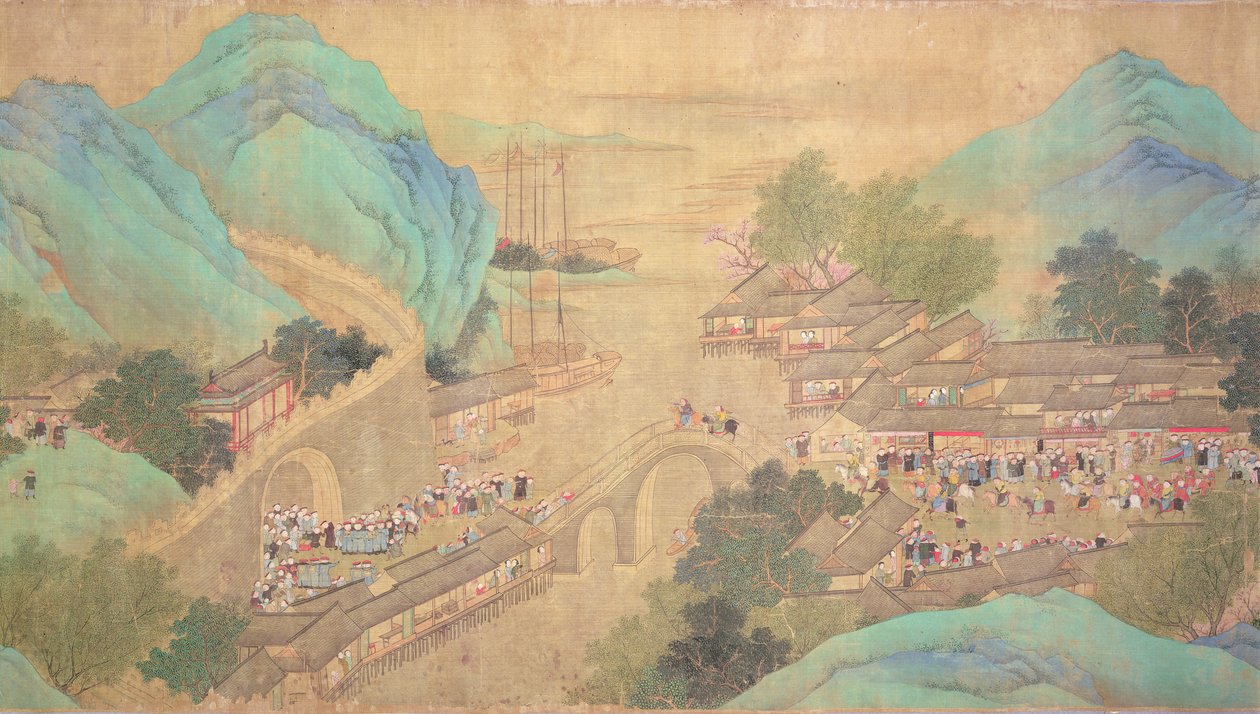 Cesta císaře Kang Shi do Kiang-Hanu v roce 1699 po Chaio Ping Chen (1661-1722) (inkoust a barva na hedvábném podloženém papíru) od Qing Dynasty Chinese School