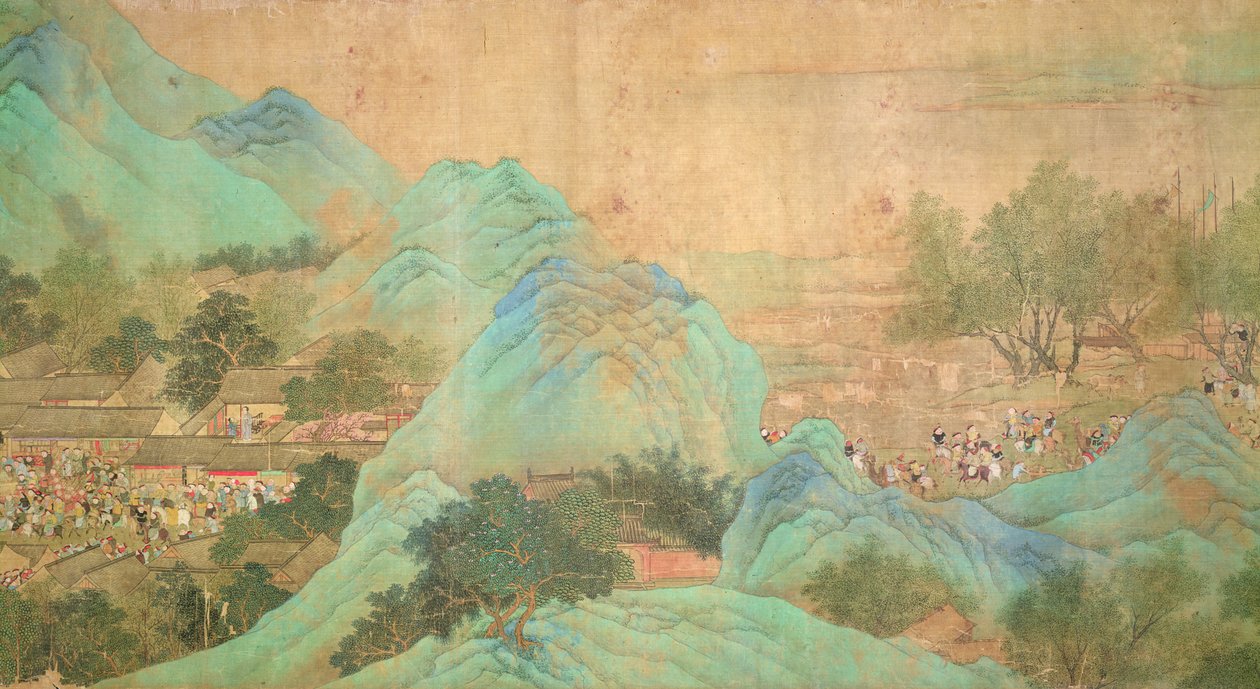 Cesta císaře Kang Shi do Kiang-Hanu v roce 1699 po Chaio Ping Chen (1661-1722) (inkoust a barva na hedvábném podloženém papíru) od Qing Dynasty Chinese School