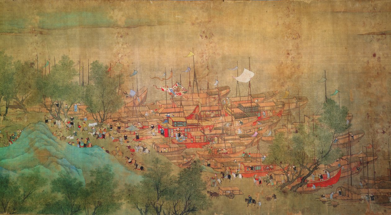 Cesta císaře Kang Shi do Kiang-Hanu v roce 1699 po Chaio Ping Chen (1661-1722) (inkoust a barva na hedvábném podloženém papíru) od Qing Dynasty Chinese School