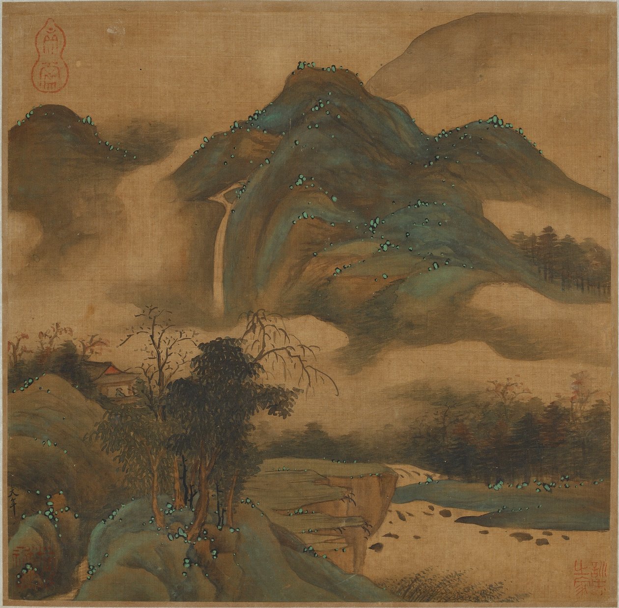 Pohled na vodopád z horské chaty od Qing Dynasty Chinese School