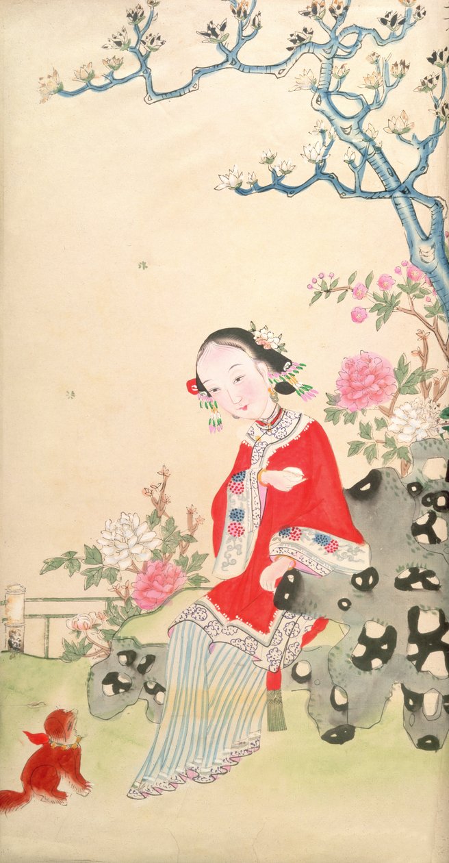 Dívka sedící na rustikálním rockovém křesle od Qing Dynasty Chinese School