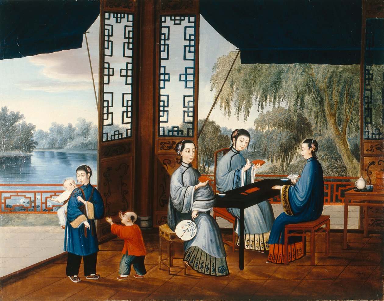 Dámy hrající karty, kolem roku 1800 (olej na plátně) od Qing Dynasty Chinese School