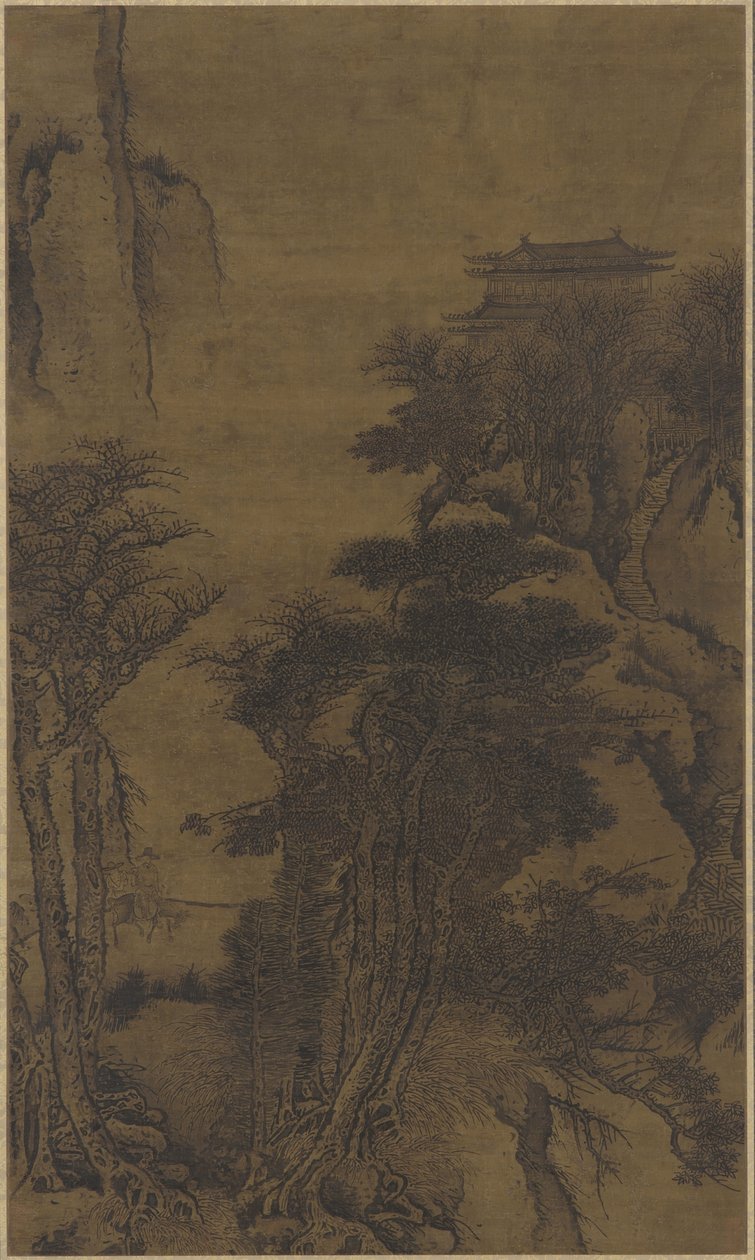 Krajina s chrámem a cestovateli od Qing Dynasty Chinese School