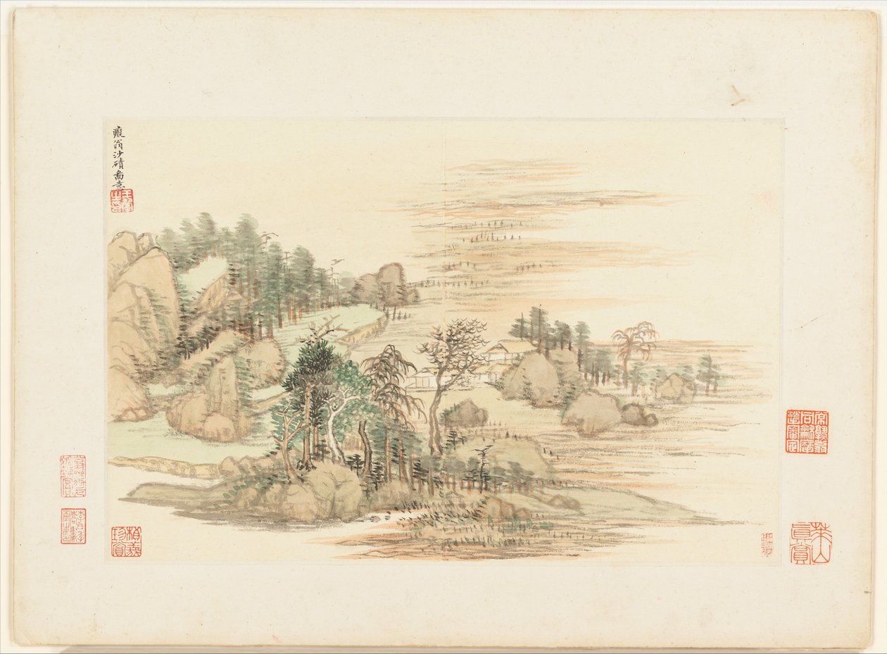 Krajiny podle starých mistrů, datované 1674 a 1677 (album o dvanácti listech; tuš a barva na papíře) od Qing Dynasty Chinese School