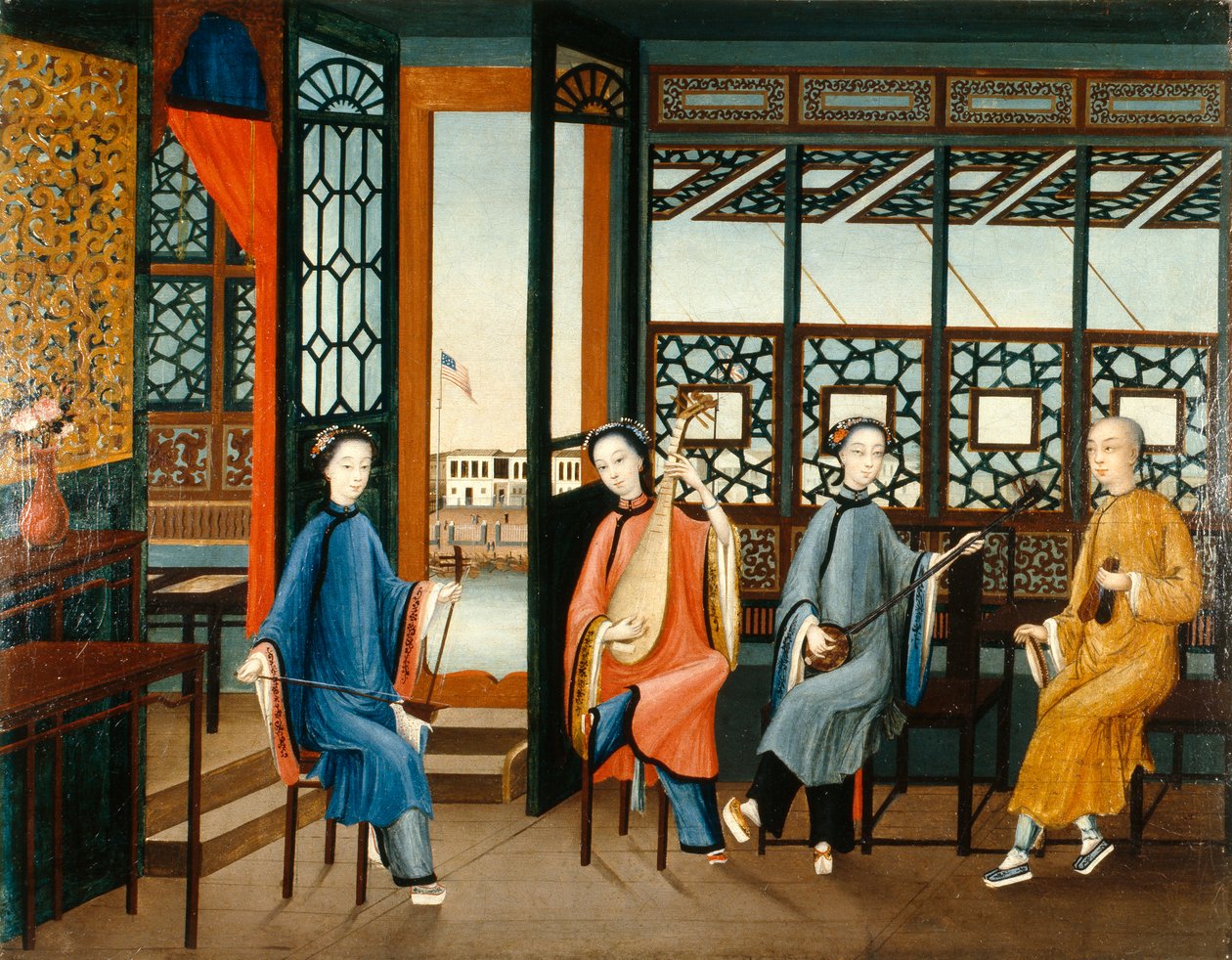 Hudební kvartet s americkou vlajkou, kolem roku 1800 (olej na plátně) od Qing Dynasty Chinese School