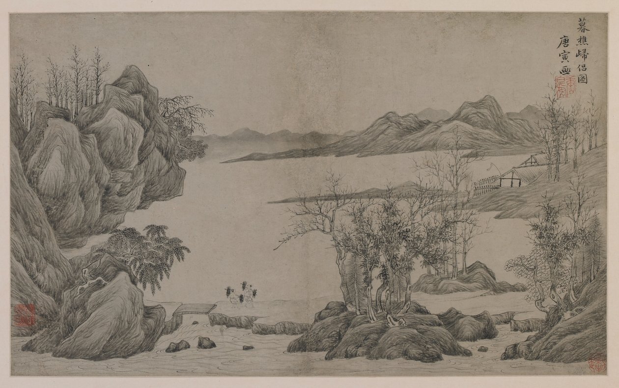 Říční krajina a sběrači dřeva (inkoust na papíře) od Qing Dynasty Chinese School