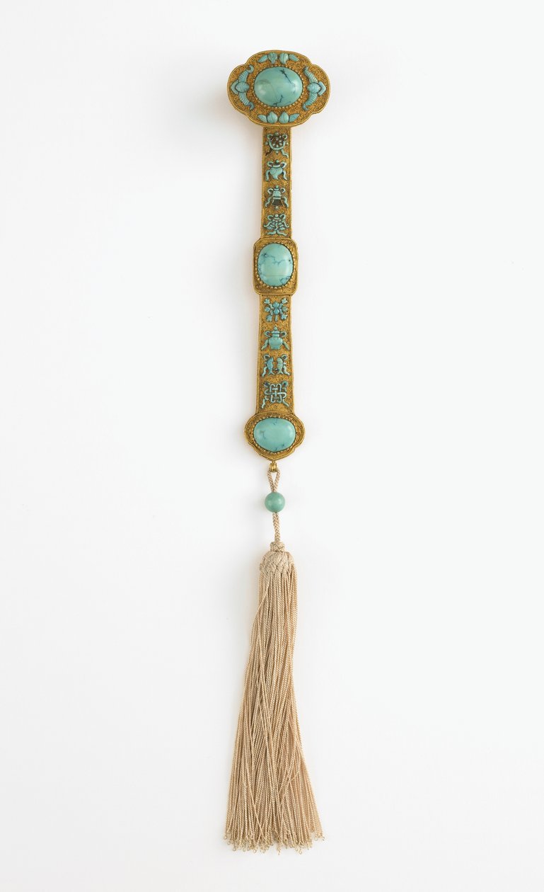 Ruyi žezlo, vláda Qianlong (zlato, tyrkys a hedvábí) od Qing Dynasty Chinese School