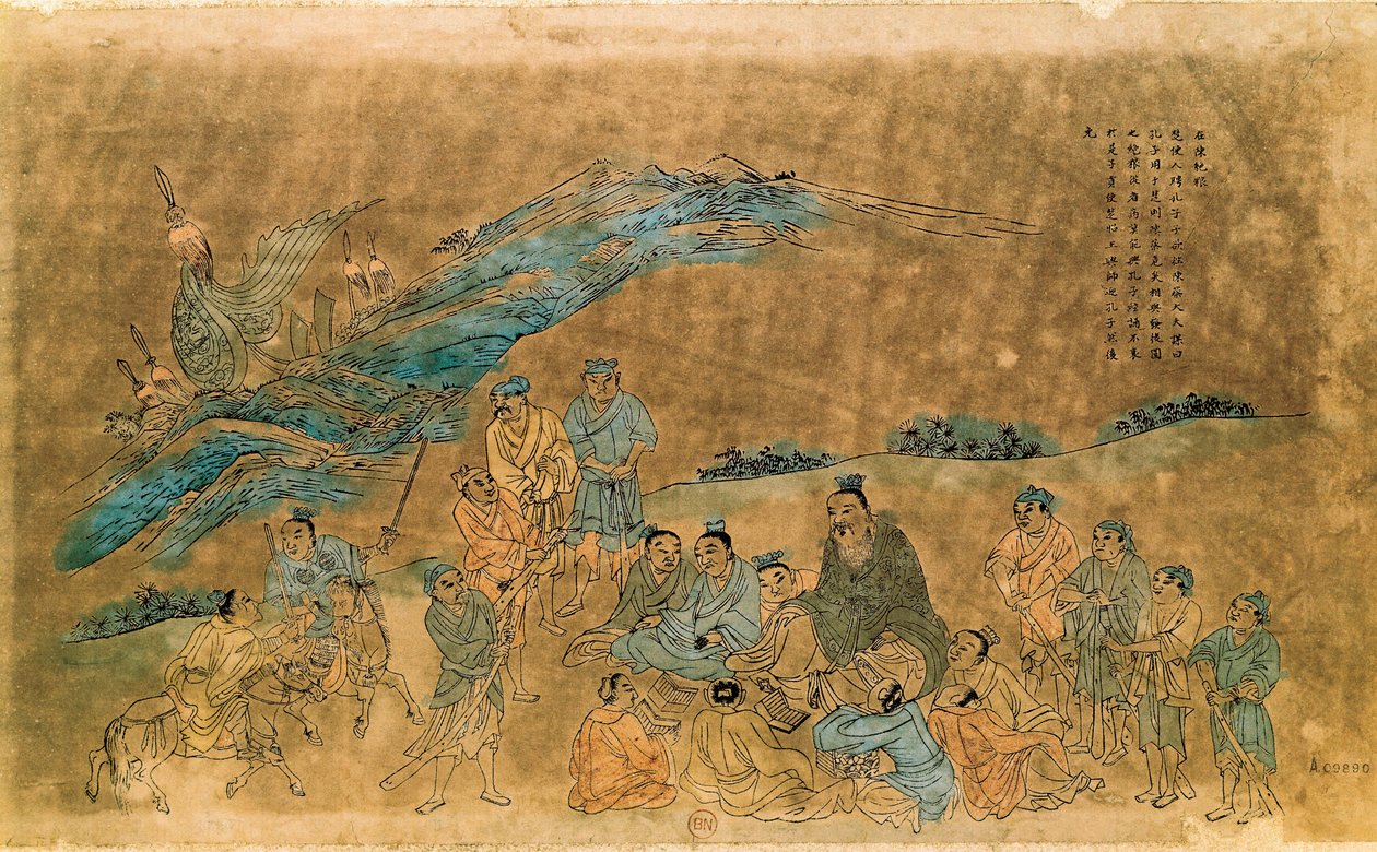 Čínský filozof Konfucius (Kong Fu Zi) (551-479 př.nl) obklopuje své žáky (akvarel) od Qing Dynasty Chinese School