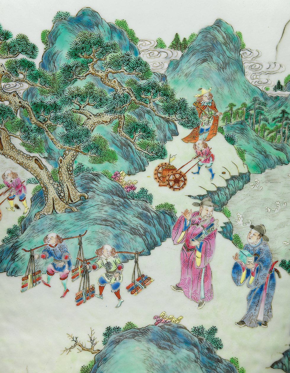 Detail z jedné z páru růžových váz Imperial Famille (keramické) od Qing Dynasty   Jiaqing Period Chinese School