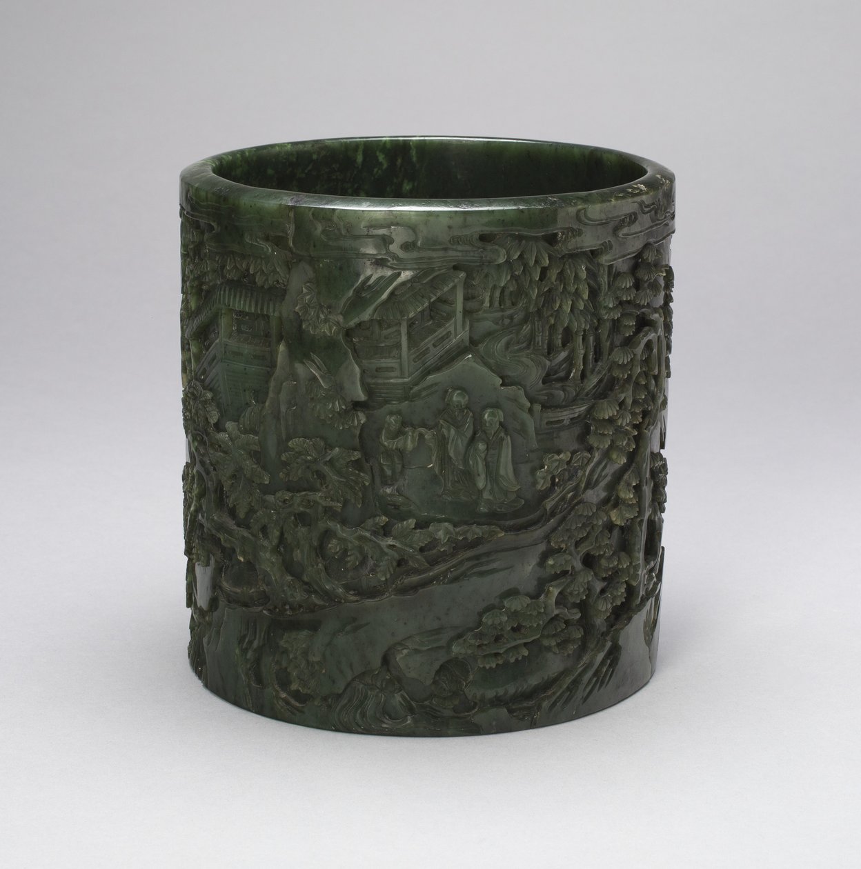 Brushpot s učenci a průvodci v hornaté krajině (nefrit s vyřezávanou výzdobou) od Qing Dynasty Chinese School