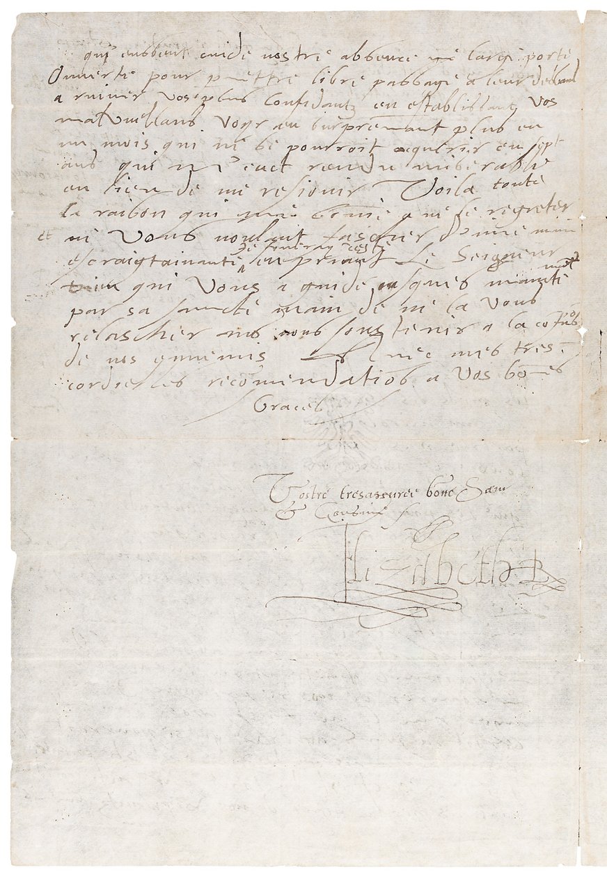Dopis ve francouzštině od Alžběty I. Anglické Jindřichovi Navarrskému, později Jindřichu IV. Francouzskému, kolem roku 1585 od Queen Elizabeth I of England and