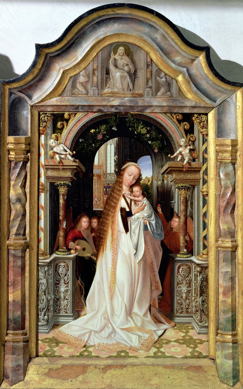 Panna a dítě se třemi anděly, centrální panel triptychu, kolem 1509 od Quentin Massys or Metsys