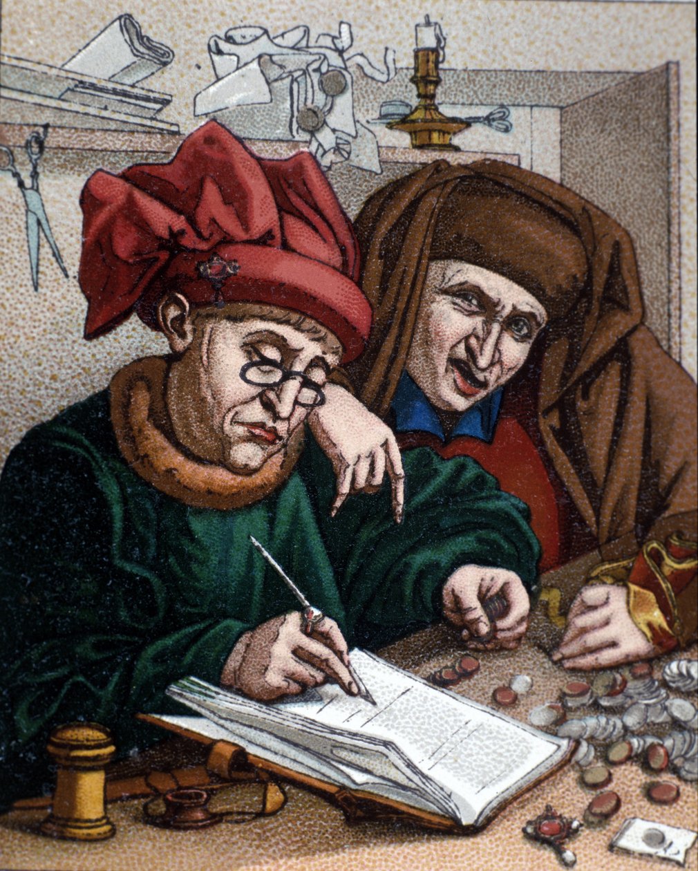 Půjčovatelé peněz. Tato činnost vedla k vytvoření bank. Ilustrace inspirovaná malbou Metsys. 19. století od Quentin (after) Massys or Metsys
