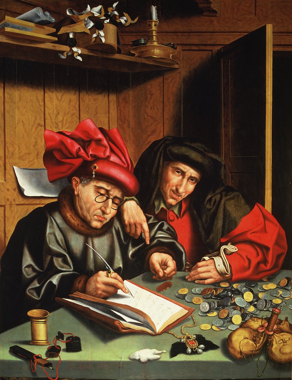 The Money Lenders (olej na dubovém panelu) od Quentin (attr. to) Massys or Metsys