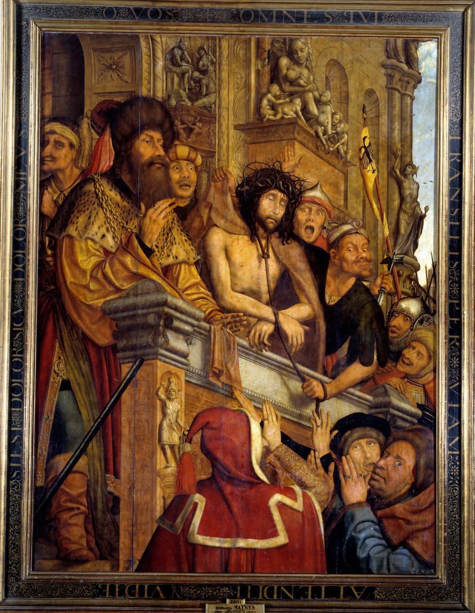 Ecce Homo Pontius Pilát (Pontius Pilatus) představující Krista zástupu Židů. obraz Quentina Matsyse (1466-1530) (ek.flam.) 16. stol. 1,6x1,2 m Madrid, Musee du Prado od Quentin Massys or Metsys