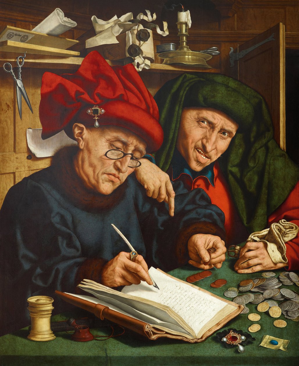 Výběrčí daní. (The Tax Collectors) Malba Quentina Metsysa (nebo Quintena Matsysa) (1466-1530), olej na dřevě, kolem roku 1520. Vlámské primitivní umění od Quentin Massys or Metsys