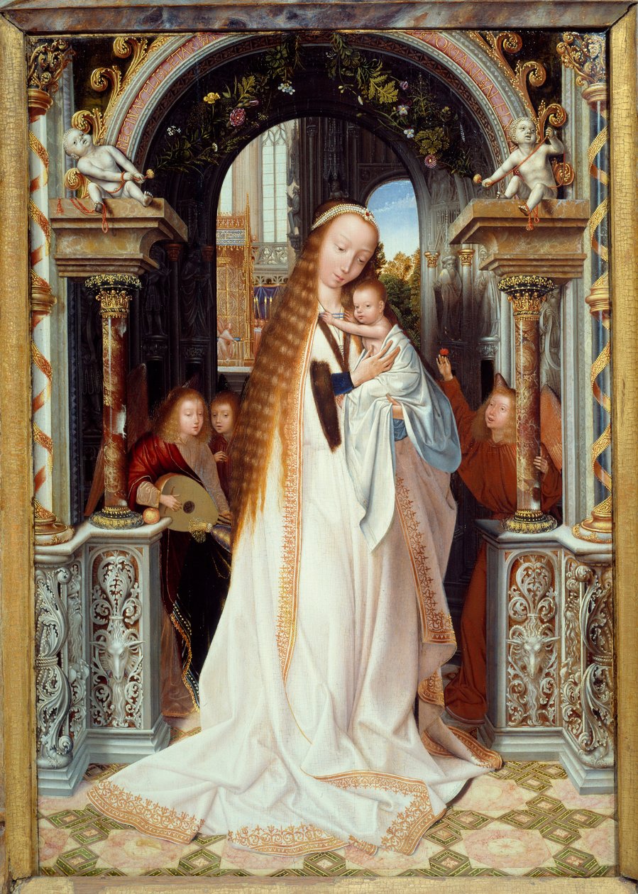 Panna a dítě se třemi anděly (Ústřední panel triptychu). Obraz Quentina Metsyse (1466-1530) (flam school) 1509 Rozm. 0,54 x 0,37 m Lyon, musee des Beaux Arts - Panna s dítětem se třemi anděly. Centrální panel triptychu. Obraz od Quentina od Quentin Massys or Metsys