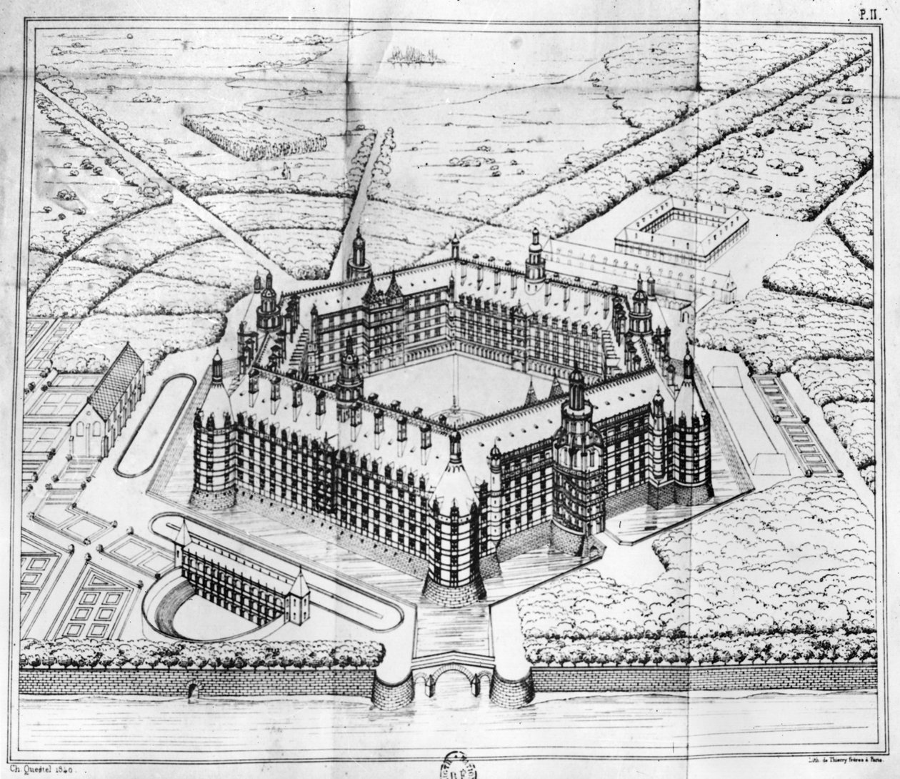 Rekonstrukce opatství Theleme, ilustrace z „Rabelais a architektura renesance“ od Charlese Lenormanta (1802-59), Paříž, vydáno 1840 od Questel