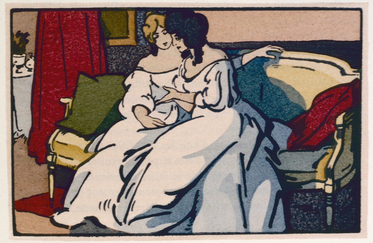 Vévodkyně de Langeais na návštěvě vikomtese de Beauseant, ilustrace z „Le Pere Goriot“ od Honore de Balzaca, vydané v roce 1922 od Quint