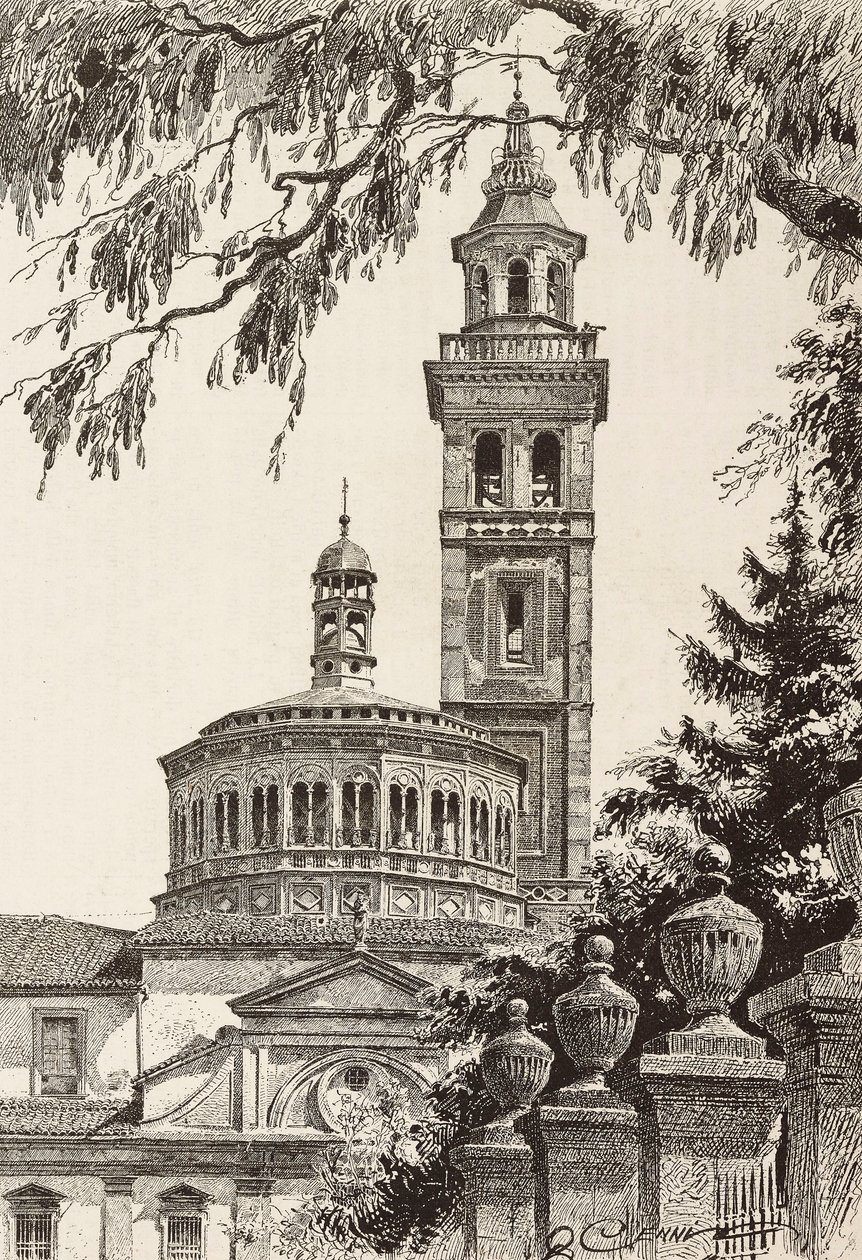 Beata Vergine dei Miracoli Sanctuary, Saronno, Itálie, rytina z kresby Quinto Cenni, z L