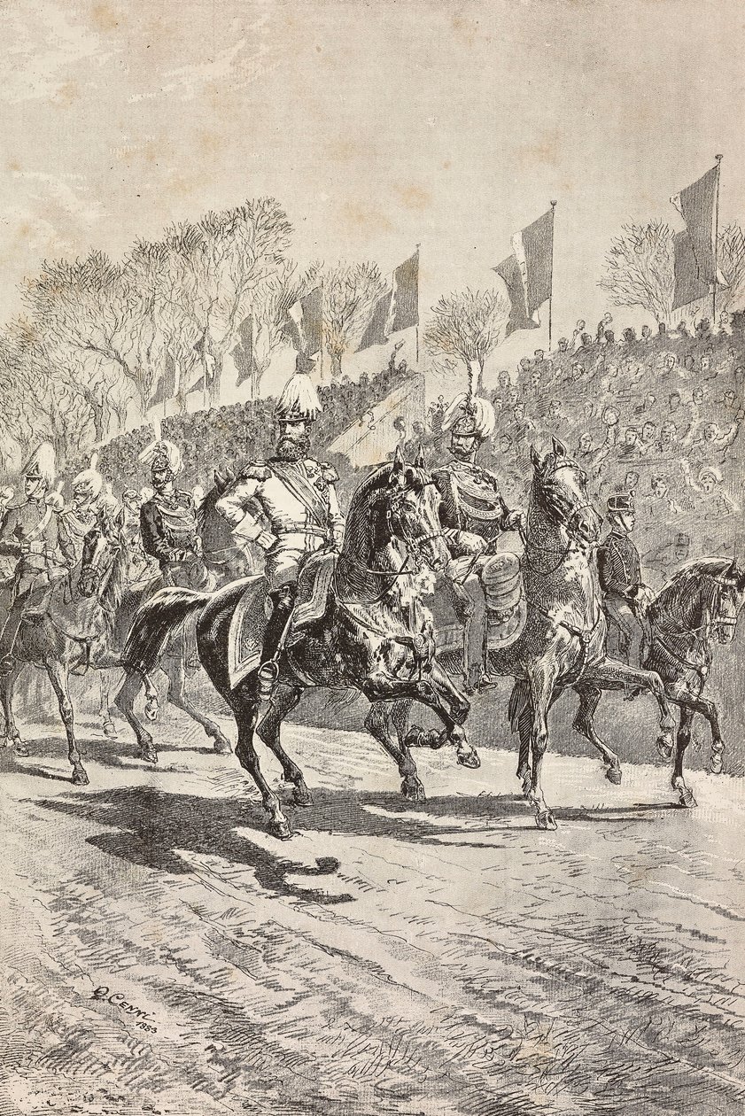 Náčelníci štábu vstupují na přehlídkové hřiště, oslavy návštěvy korunního prince Německa (budoucího Fridricha III.) v Římě, Itálie, rytina z kresby Quinta Cenniho, z L